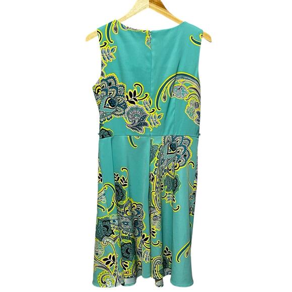 AGB Womens Dress 14 Teal Floral Paisley Fit Flare Mid Length Boho Retro Mod - Picture 3 of 13